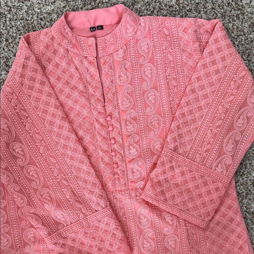 NEW Peach chikankari Long kurta Top fully Embroidered new - Picture 3 of 8